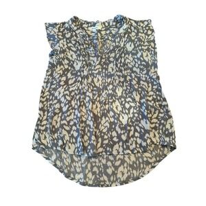 Monday Fun Summer Alvena Sleeveless Blouse V-Neck Gray Print High Low Hem‎ Top